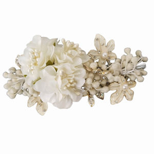 Handmade Silver & Pearl Bridal Hair Clip w/ Ivory White Silk Flowers and Petals
